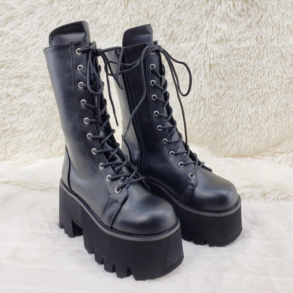Ashes Black Matte Platform Goth Punk Mid Calf Combat Boots - Picture 4 of 14